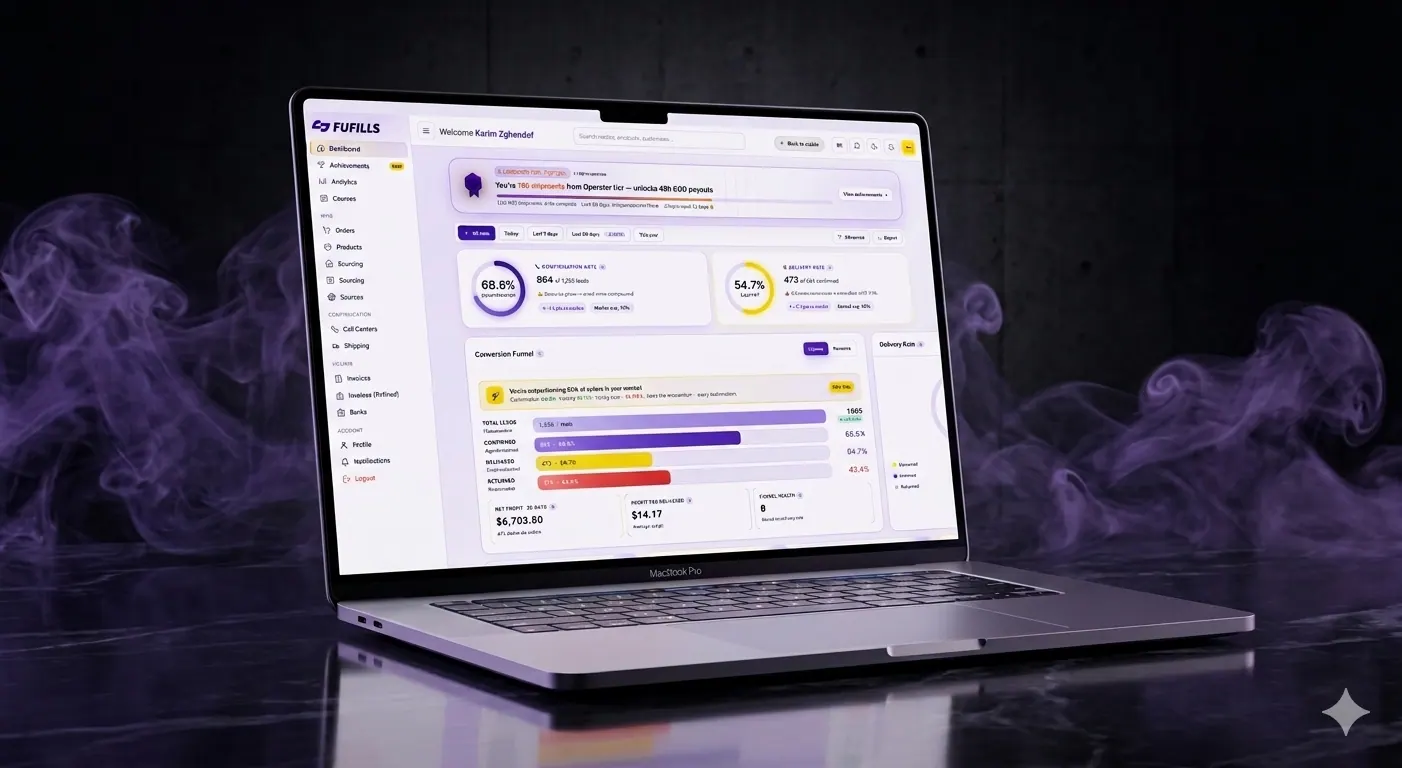 Fufills operator dashboard running on a laptop — live order status, COD collection, and multi-market analytics