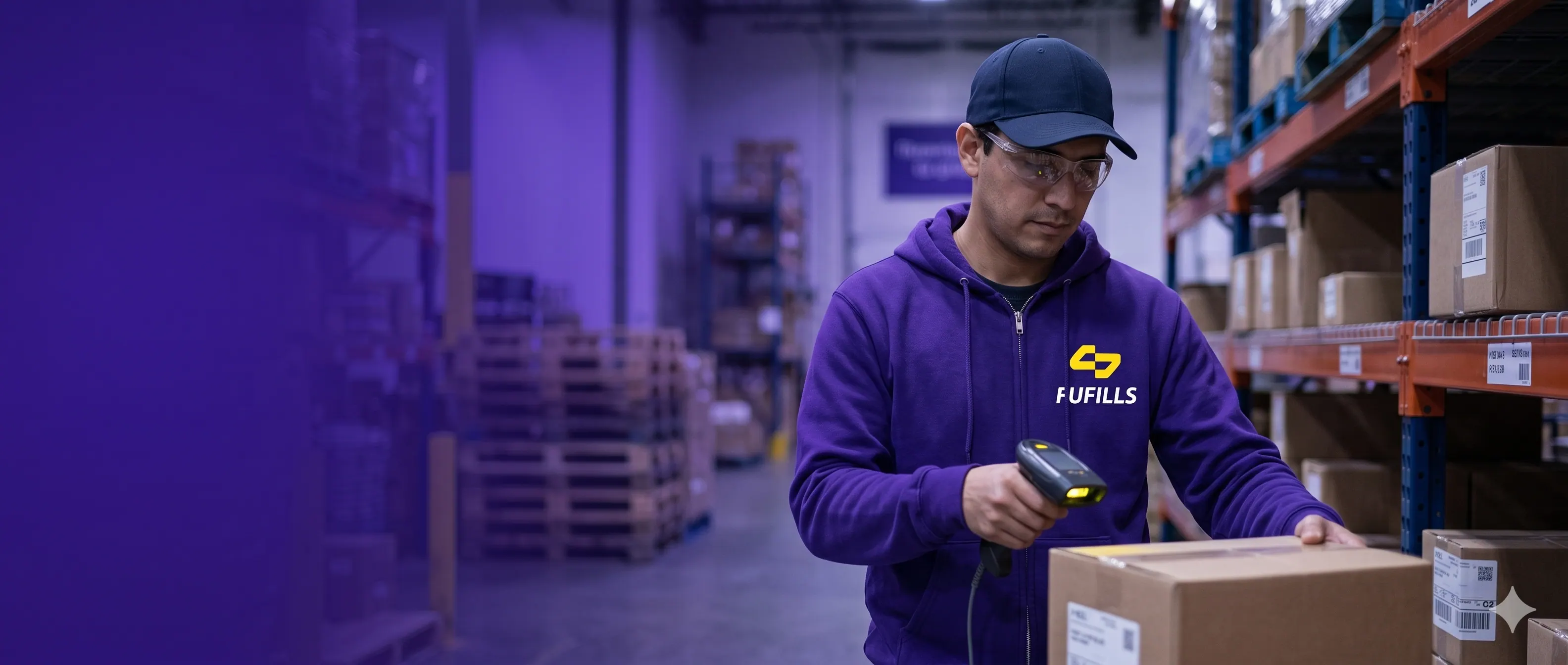 Fufills warehouse — branded operator scanning COD inventory + warehouse aisle with last-mile van